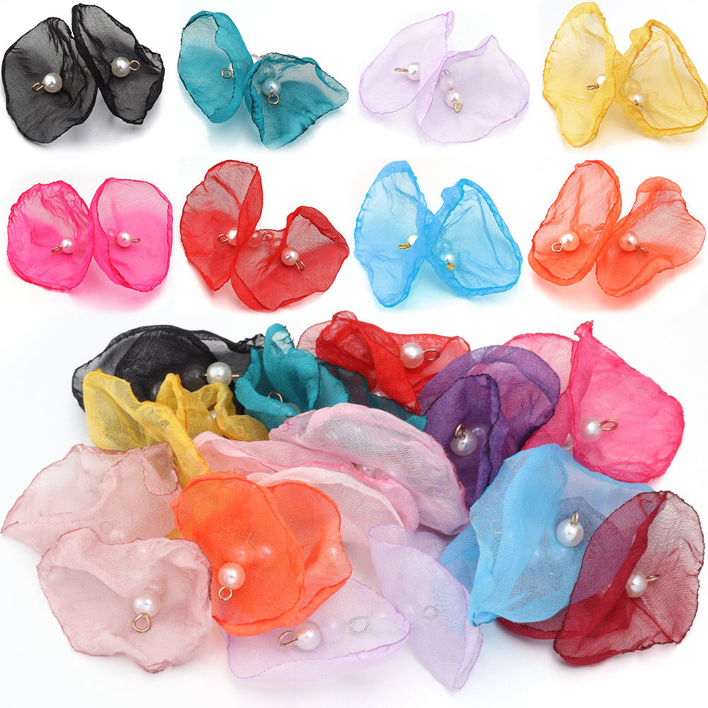 Pearl Stud Earrings - 10pcs/lot Sweet Pearl Gauze Chiffon Flower