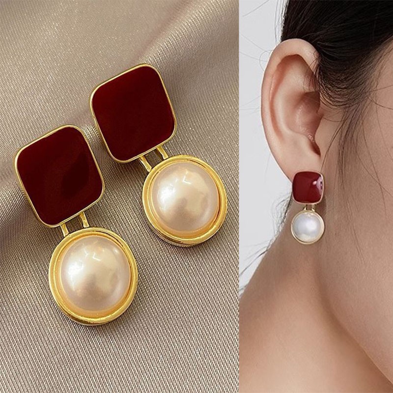 925 Silver Needle Vintage Red  - Pearl Stud Earrings ulasan dan harga