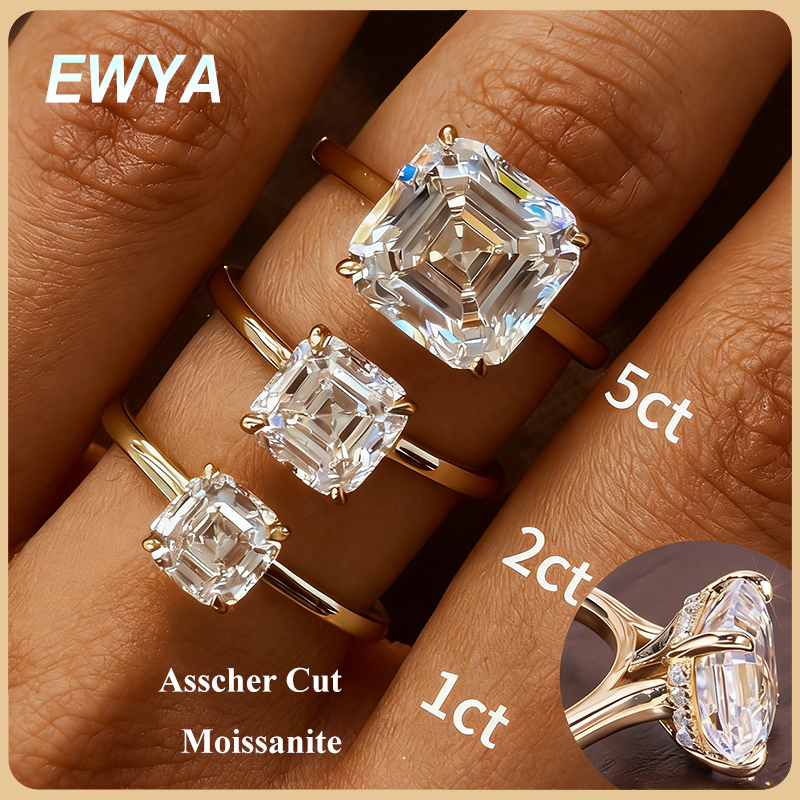 EWYA Asscher Cut 1/2/3/5CT 3EX - Moissanite Ring ulasan dan harga